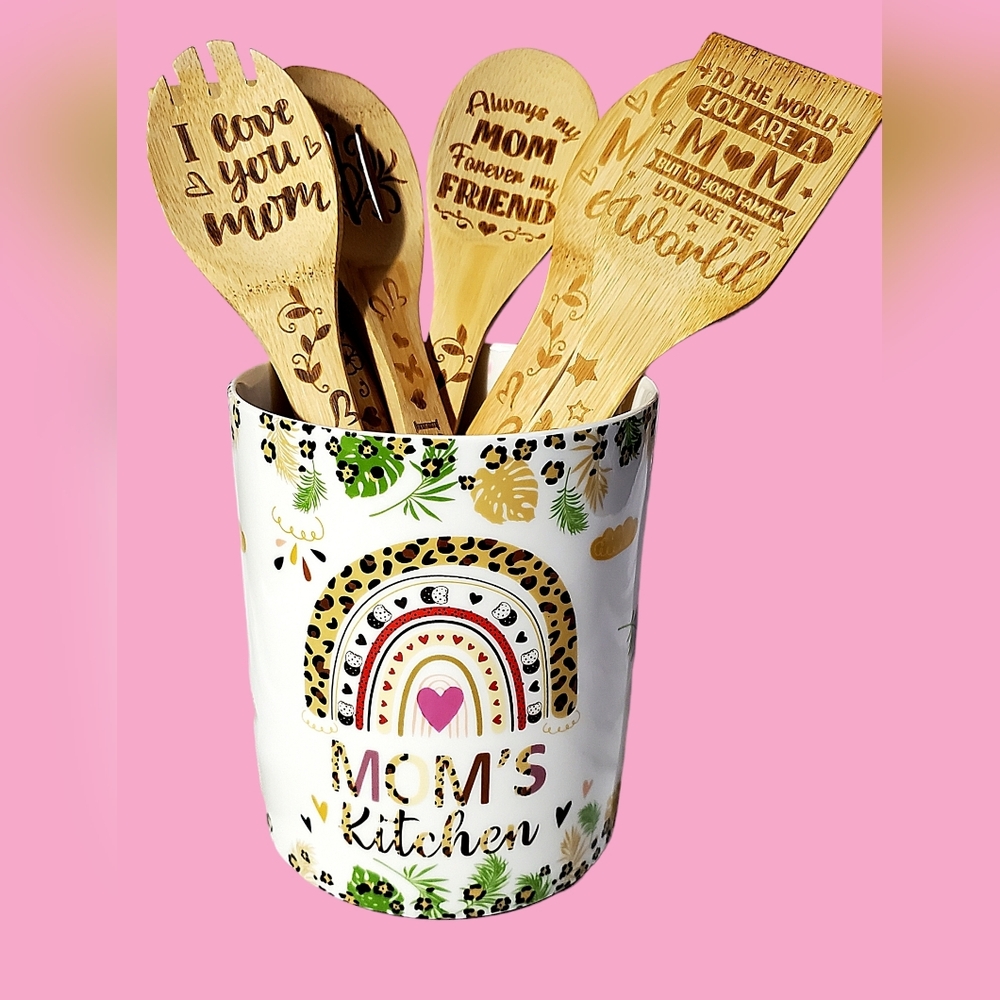 Ceramic Utensil Holder Farmhouse Crock/Wooden Spoons Gift for MOM - Picture 2 of 10